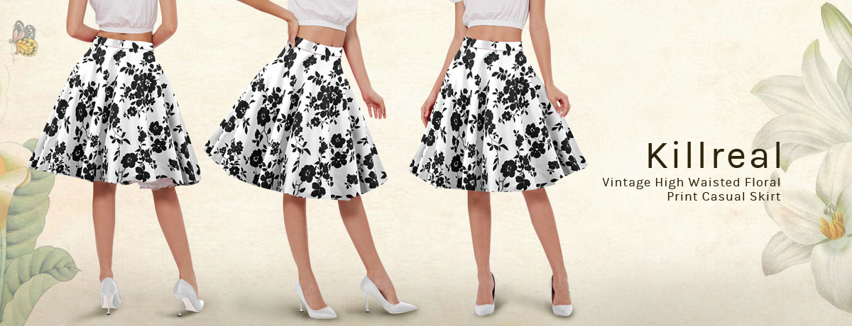 IBTOM CASTLE Womens Vintage Pleated Midi Skirt Floral A-line Knee