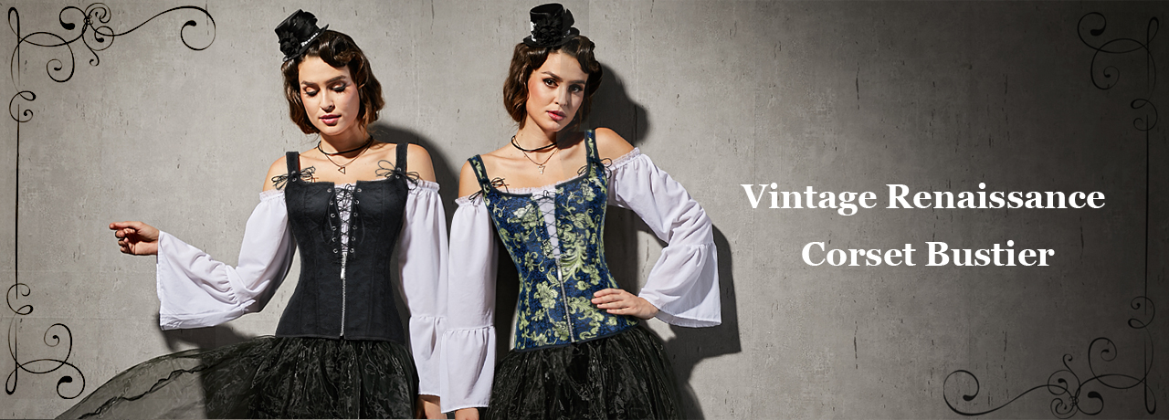 Charmian Women's Renaissance Lace Up Steampunk Vintage Boned Bustier Corset  Top with Garters Black Small at  Women's Clothing store